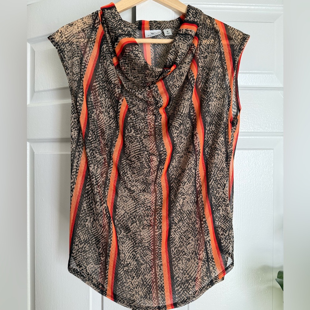 Worthington Sleeveless Sheer Top with Orange/Red Stripe Sz M Edgy Snakeskin